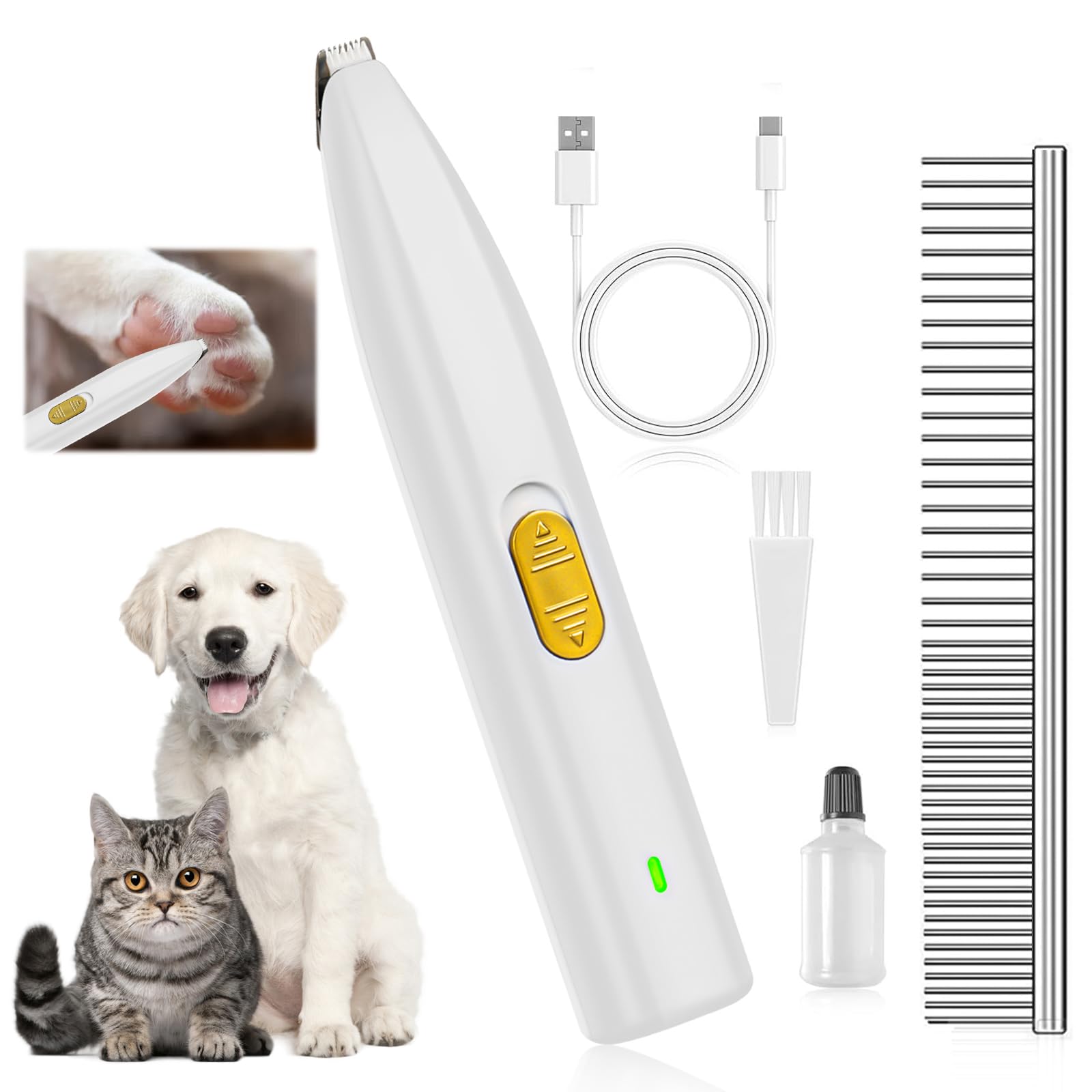 USB Rechargeable Pet Paw Trimmer - Low Noise Dog Grooming Clippers for Small Areas Around Paws, Eyes, Ears, Face, Rump (White)