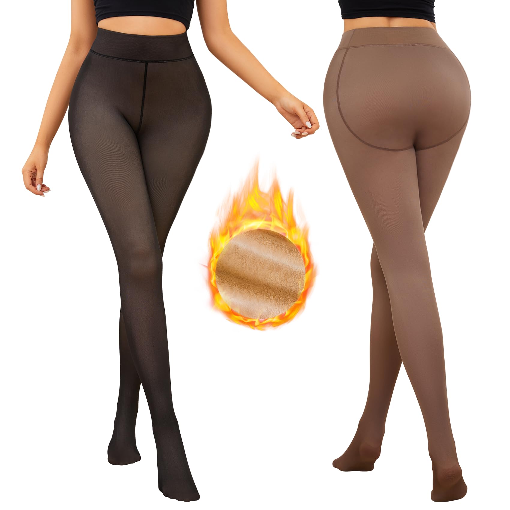 Photo 1 of Justay 2 Pairs Fleece Lined Tights Winter Thermal Fake Translucent Fleece Sheer Leggings Black Warm Thick Tights for Women