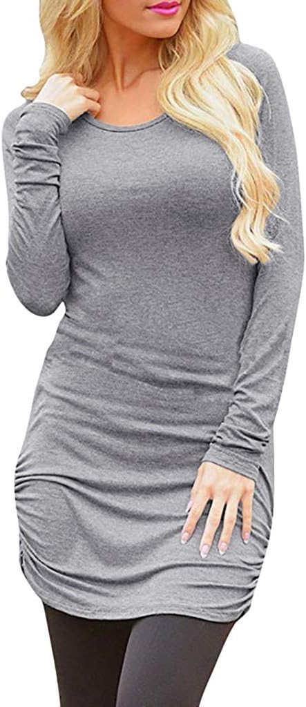 HULKAY Women's Casual Long Sleeve Slim Ruched Tunic T-Shirt Dress Boho