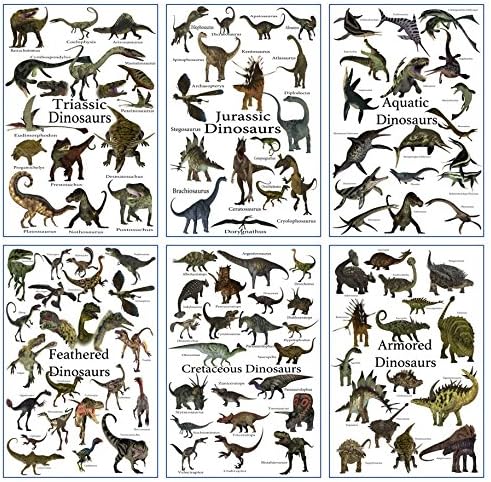 Dinosaurs Worlds Dinosaurs Families Posters - Poster Printing - Wall Art Print for School, Kids Room,Home Office Decor - Set of 6-12X18 inches