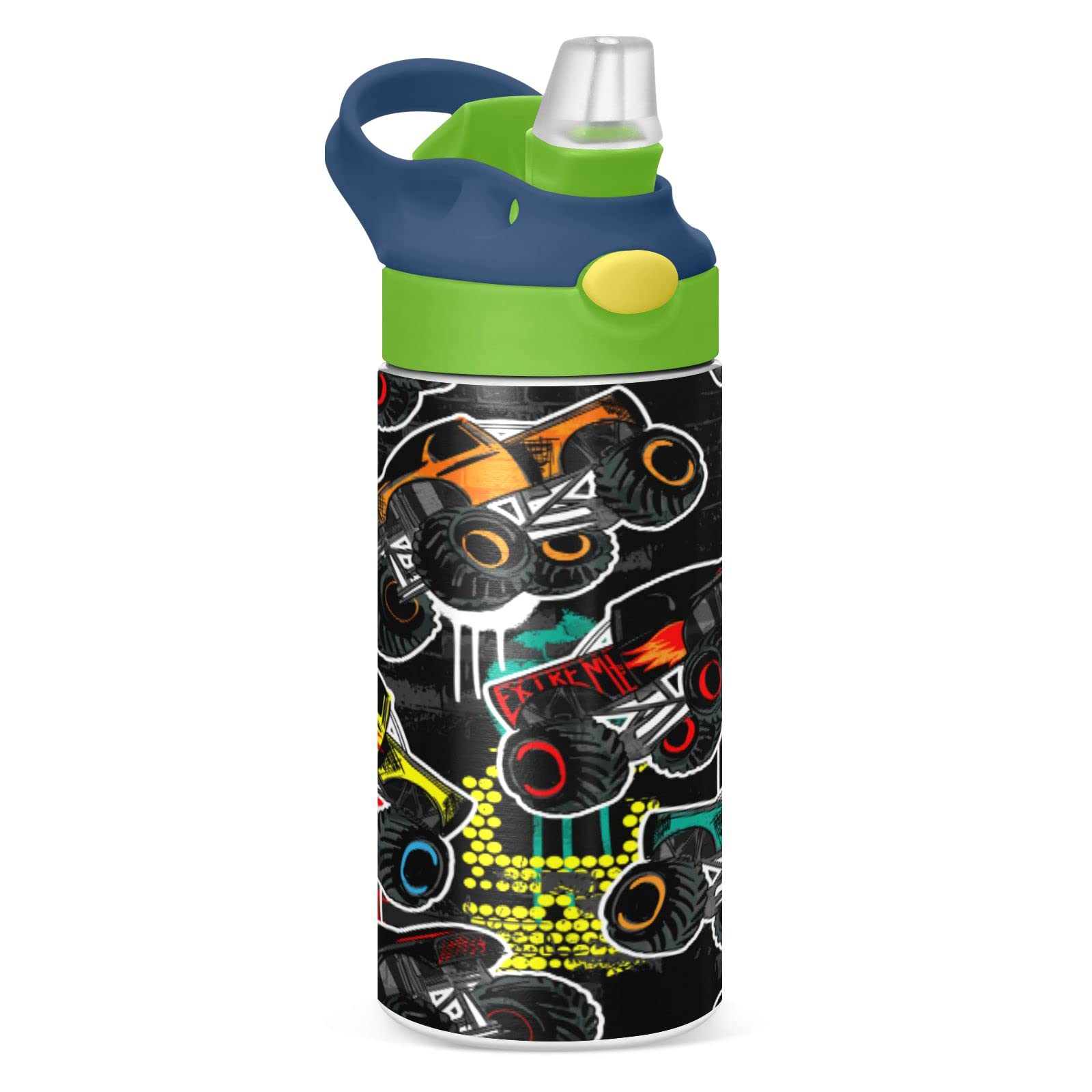 Kids Water Bottle with Straw, Abstract Monster Truck Car Small Thermos Flask Thermal Insulated Stainless Steel Water Flask Sports Hot Cold, 350ml