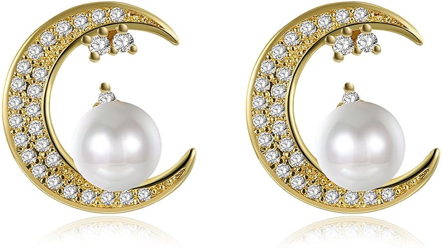 Amazon Rockyu ジュエリー 人気 ブランド ピアス レディース シンプル 真珠 パール 月ピアス ピアスキャッチ 通販