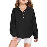Arshiner Girls Button Up Hoodies Kids Casual V Neck Sweatshirt Girl Long Sleeve Shirts Tunic Tops Curved Hem 5-13 Years