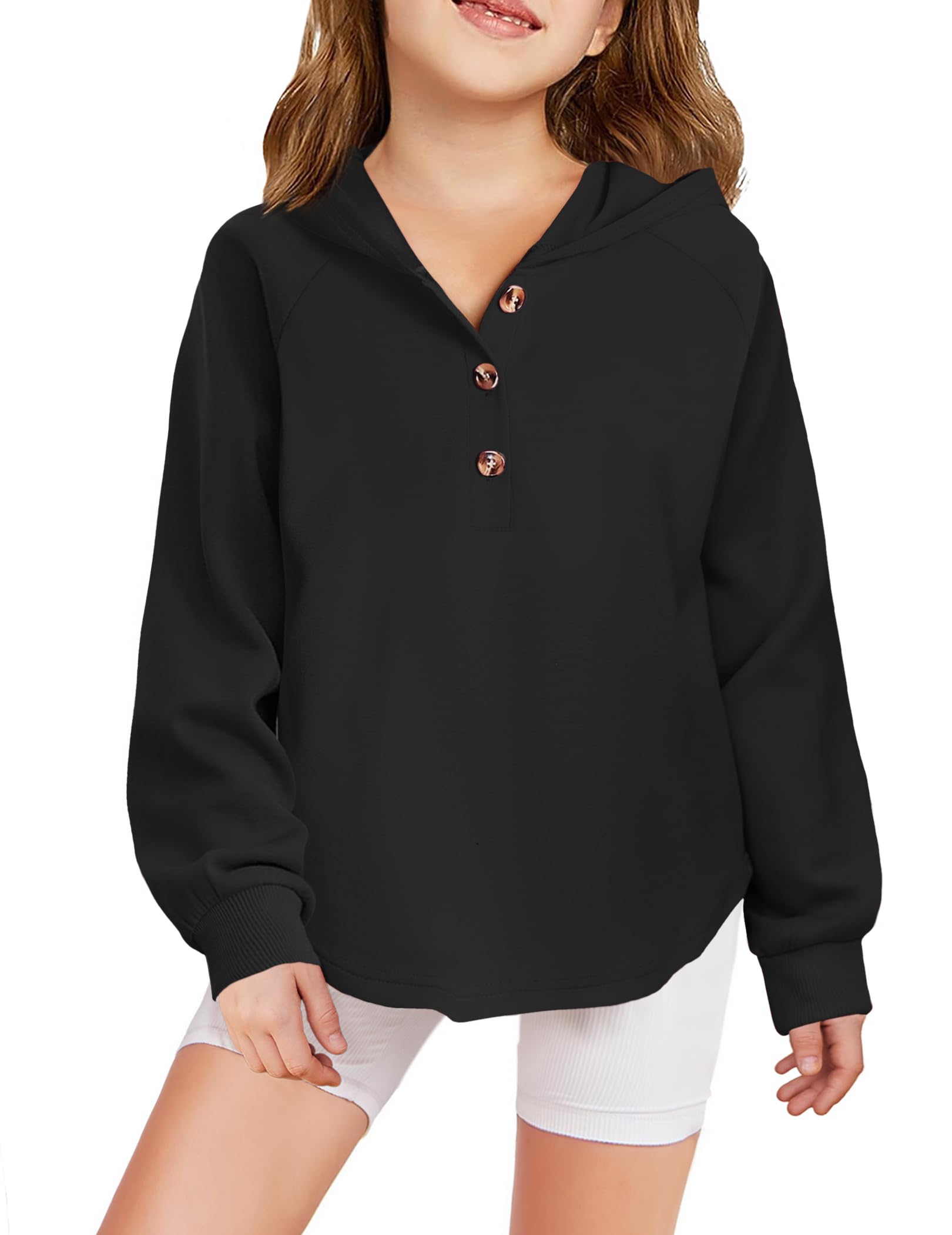 Photo 1 of Arshiner Girls Hoodies Button Down Kids Hooded V Neck Sweatshirt Fall Casual Hoodie Curved Hem Black Hoodie Kids Hoodies For Girls 12-14