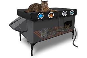 LUBLACET Heated Cat House for Outside Insulated in Winter,Fully Waterproof,with Adjustable Awning,Escape Door,Indoor Outdoor Cat Shelter for Feral Stray Barn Cat to Stay Warm&Dry,Black/Gray,Extra Large