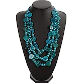 SEWACC Chunky Necklace Bohemian Shell Necklace Wood Bead Statement Collar Chunky Layered Handmade Beaded Long for Women (Blue, Random)