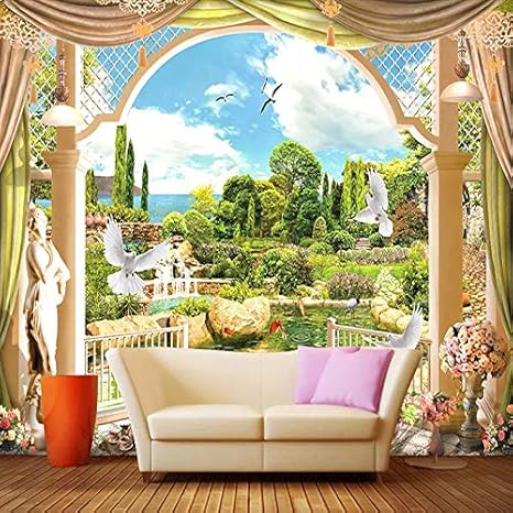Amazon カスタム写真壁紙 3d壁画 壁紙 立体的 窓の外 風景 ローマ風 コラム 室内装飾絵画 Mural Wallpaper 壁紙