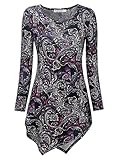 BAISHENGGT Women's Crewneck Long Sleeve Handkerchief Hem Tunic Top Large Purple Floral