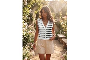 Women Striped Knit Vest Sleeveless Button Front V Neck Casual Top Lightweight Textured Pullover for Everyday Layering