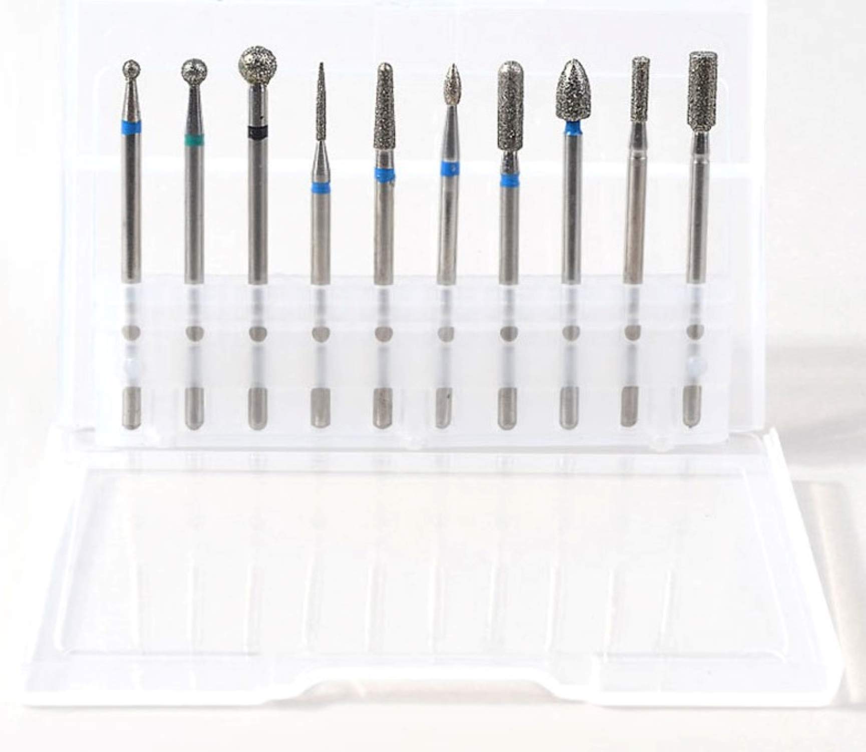 Set of 10 professional diamond cutters for nail drills, nail covers, highlights, semi-permanent nail polish, acrylic nails and gel nails.