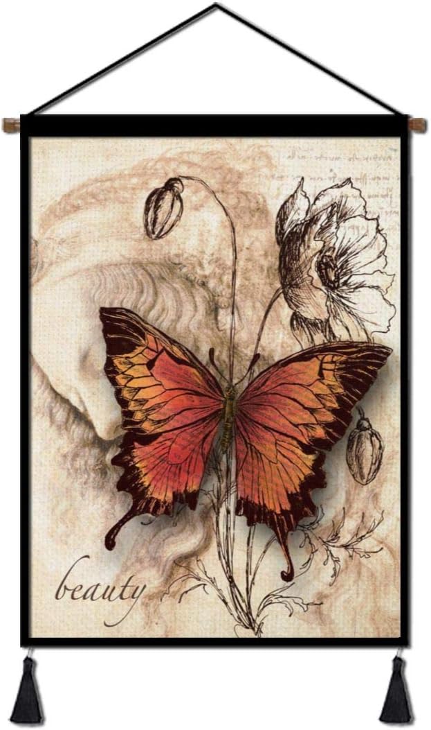 Linen Canvas Hanging Poster, Butterfly Prints Poster with Scroll Wood Framed for Living  Room Bedroom Office Home Decoration 18