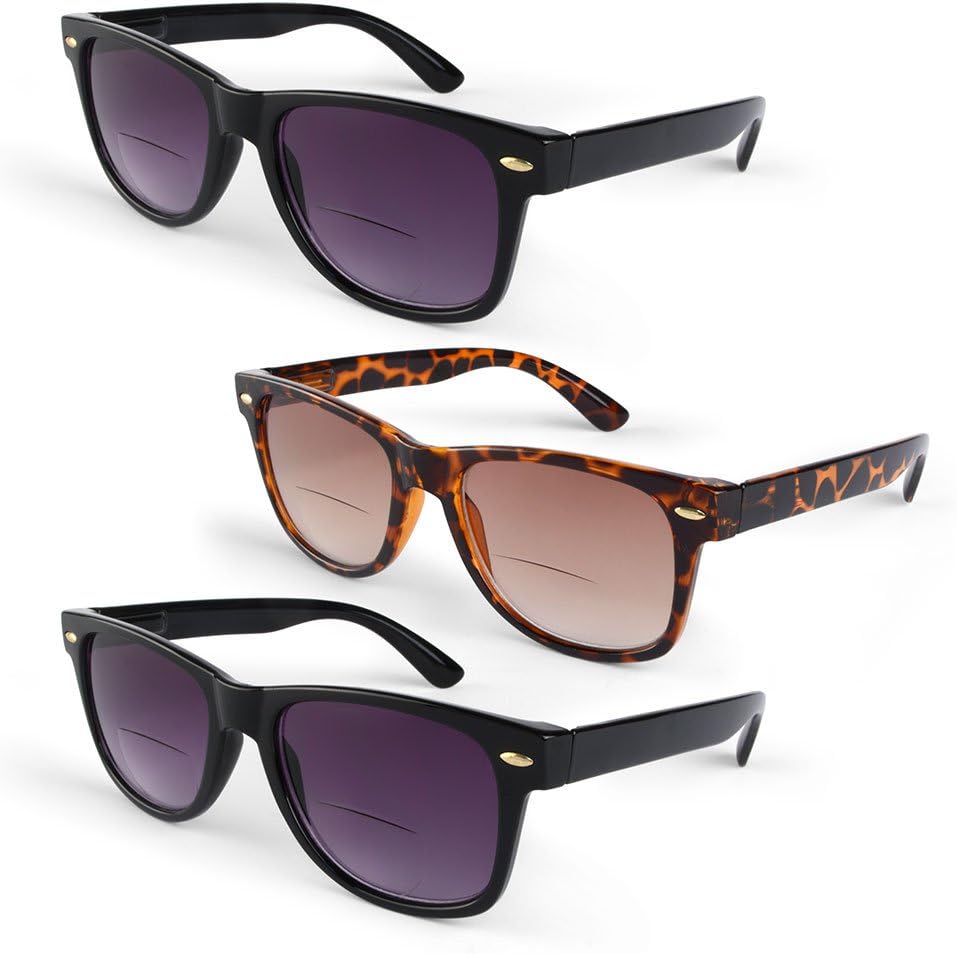 Primary Optics Retro Ladies Wayfarer 51mm Bifocal Sun Reader 3 Pack, 2 Black, 1 Brown +3.5