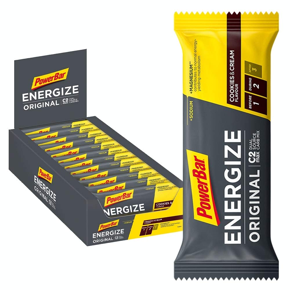 Powerbar Energize Original Cookies & Cream 25x55g - High Carb Energy Bar + C2MAX Magnesium and Sodium