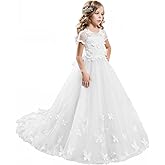 ABAO SISTER Girls' Elegant Lace Applique Floor Length Flower Dress Wedding Birthday Pageant Ball Gown