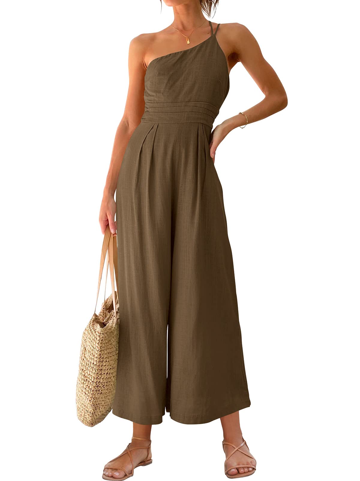 Photo 1 of ANRABESS Women's Summer Straps One Shoulder High Waist Dressy Casual Wide Leg Linen Jumpsuit Romper Beach Travel Outfits Brown Medium