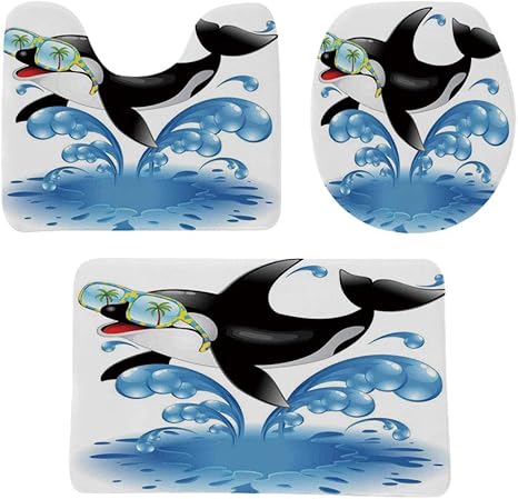 Amazon 面白い 玄関マット 便器の装飾 バスマット トイレマット 3点セット 夏休みの海サングラスをかけたかわいいジャンプシャチ漫画の動物の愛 防音 ラグマット 洗える おしゃれ 40 60cm ブラックブルー トイレマット タンクカバー ホーム キッチン オンライン通販