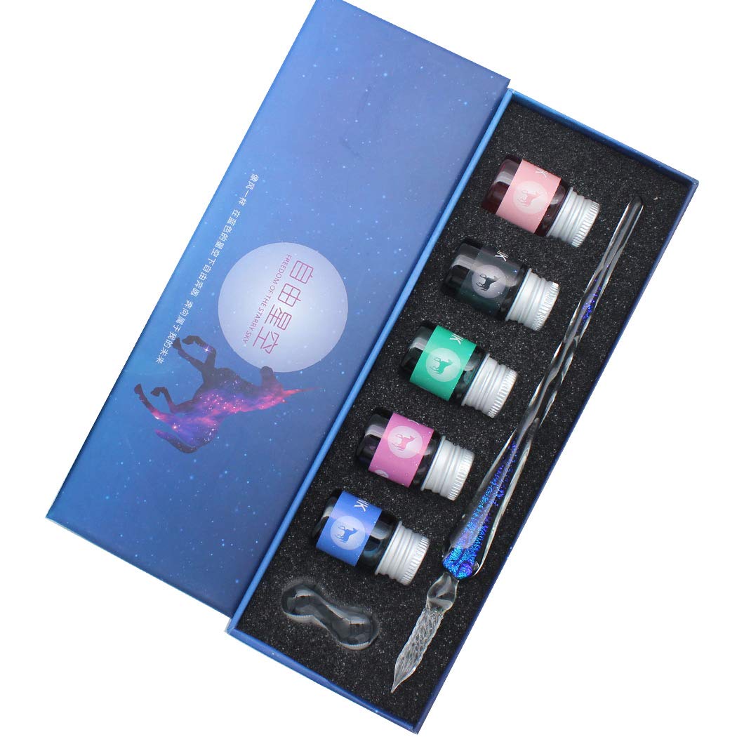 SIPLIV Handmade Glass Dip Pen Set, Starry Sky Crystal Vintage Signature Drawing Calligraphy Pen, 7 Pcs Gift Set with 5 Colors Ink, 1 Pen Holder, 1 Glass Pen - Purplish blue