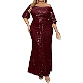 Madam Uniq Women Plus Size Short Sleeve Sequin 1920s Dress Off Shoulder Maxi Formal Cocktail Wedding Party Evening Gown