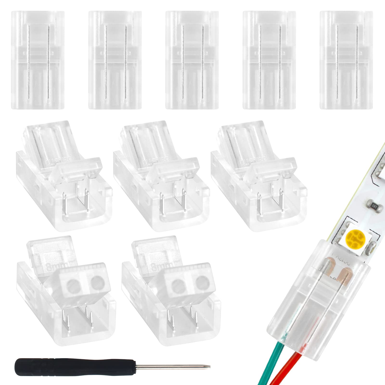 Aroidful 10Pcs 2 PIN LED Strip Light Connectors 8mm Wide Gapless Solderless Connector Strip to Wire Connector for Waterproof or Bare Board Single Colour 5050-2835 LED Strip Light