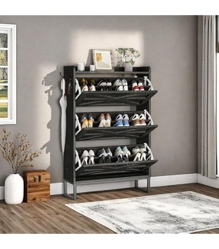 Farmhouse Shoe Cabinet With Bench & Motion Sensor Light - 3 Drawer, Holds 24 Pairs, Rustic Grey