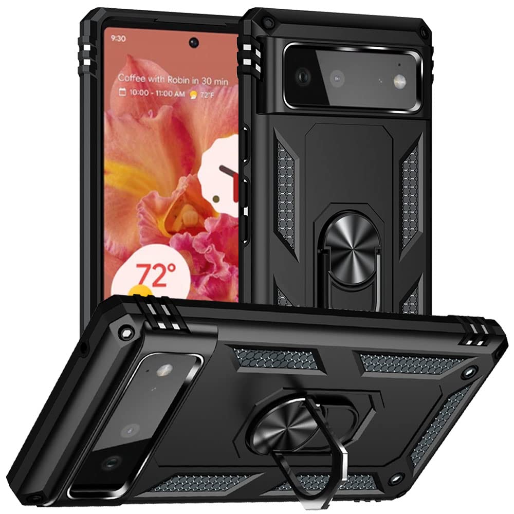 Yiakeng Pixel 6 Case, Google Pixel 6 Case, Silicone Shockproof Military Grade Protective Phone Cover with Ring Kickstand for Google Pixel 6 (Black)