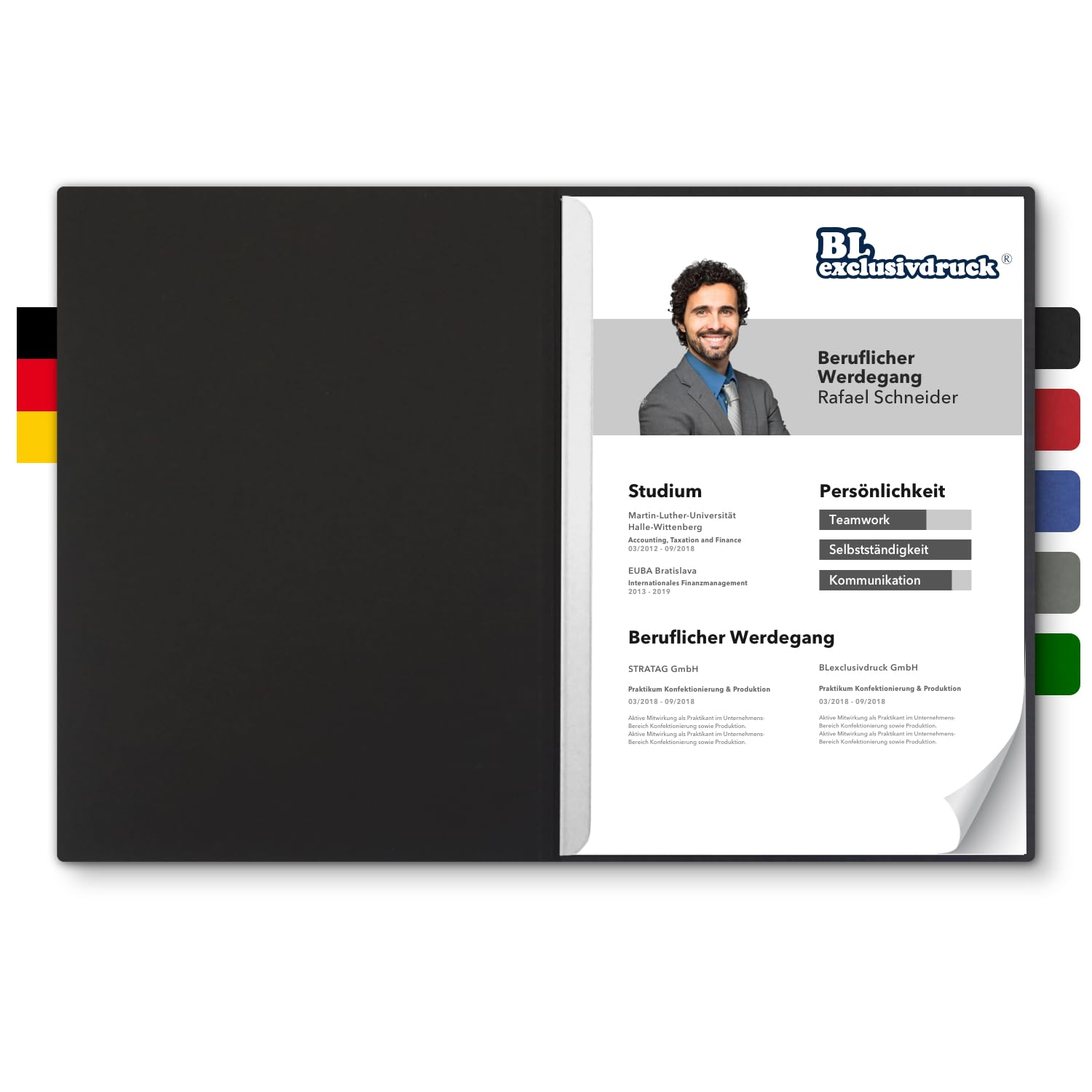 Pack of 8 Two-Part Application folders BL-Exclusive Print BL in Black - Premium Quality with Elegant Relief Embossing 'Bewerbung' - Product Design by 'Mario Lemani'