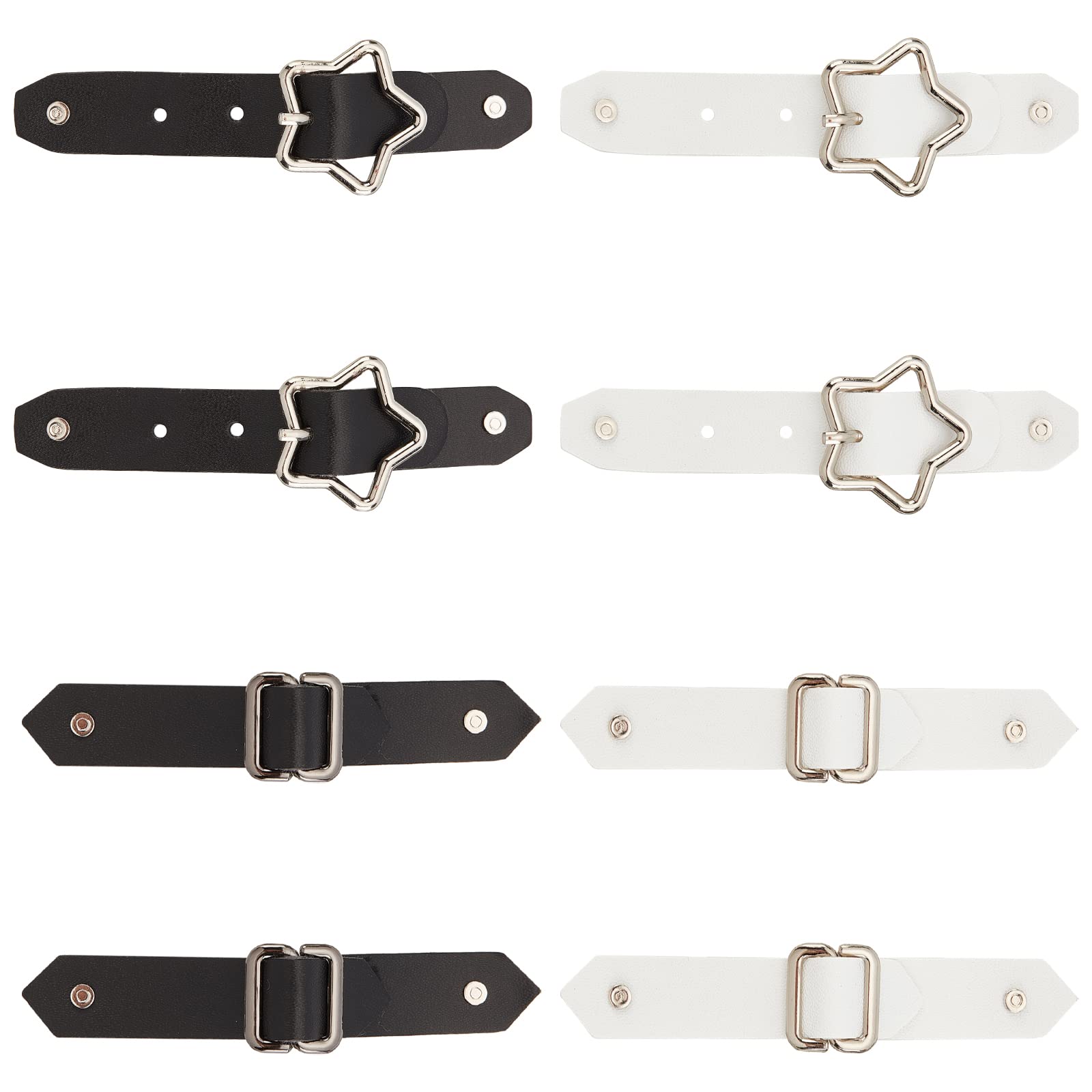 FINGERINSPIRE 8 Sets 2 Styles Leather Sew-On Toggles Closures Black & White PU Leather Snap Toggle Sew On Duffle Jacket Buckle Rectangle & Star Metal Leather Clasp Fasteners for Cloth DIY Craft — image 1