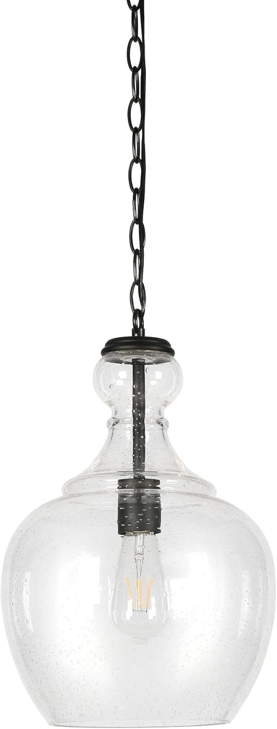 Henn&Hart PD0272 Industrial 1 Contemporary Blackened Bronze with Seeded Glass Shade for, Kitchen, Dining, Living Room, Foyer Pendant Light, Black: Home Improvement