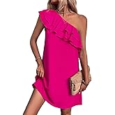 Floerns Women's One Shoulder Tiered Layered Sleeveless Ruffle Trim Tunic Dress