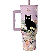 RHONGE Cat Lover Gifts For Women, Stainless Steel Tumbler With Handle 40 Oz, Best Gifts For Cat Lovers, Birthday Christmas Valentine Anniversary Floral Gift For Women, Floral Tumbler Mug Cup