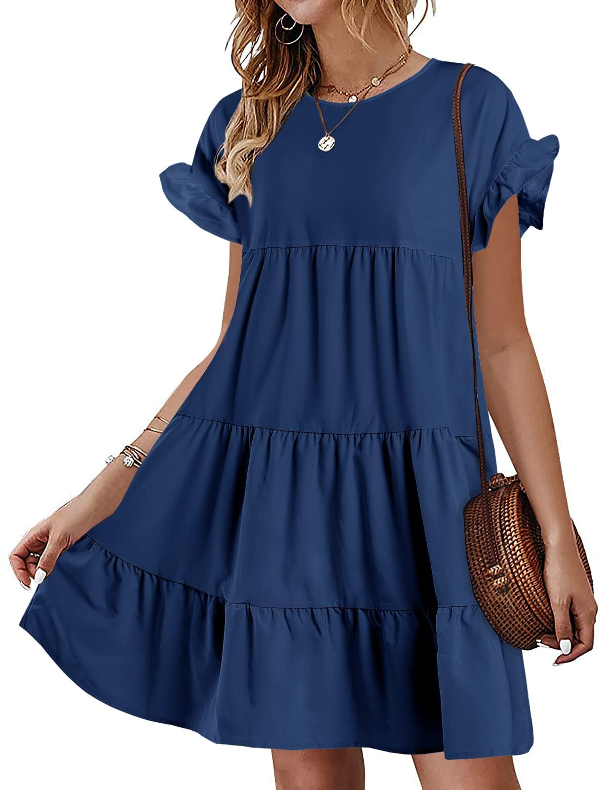 Photo 1 of (MEDIUM) (BAGGED) Chuanqi Womens Ruffles Boho Floral Printed Babydoll Loose Swing Casual Short Mini T-Shirt Dress (Medium, Z-Navy)