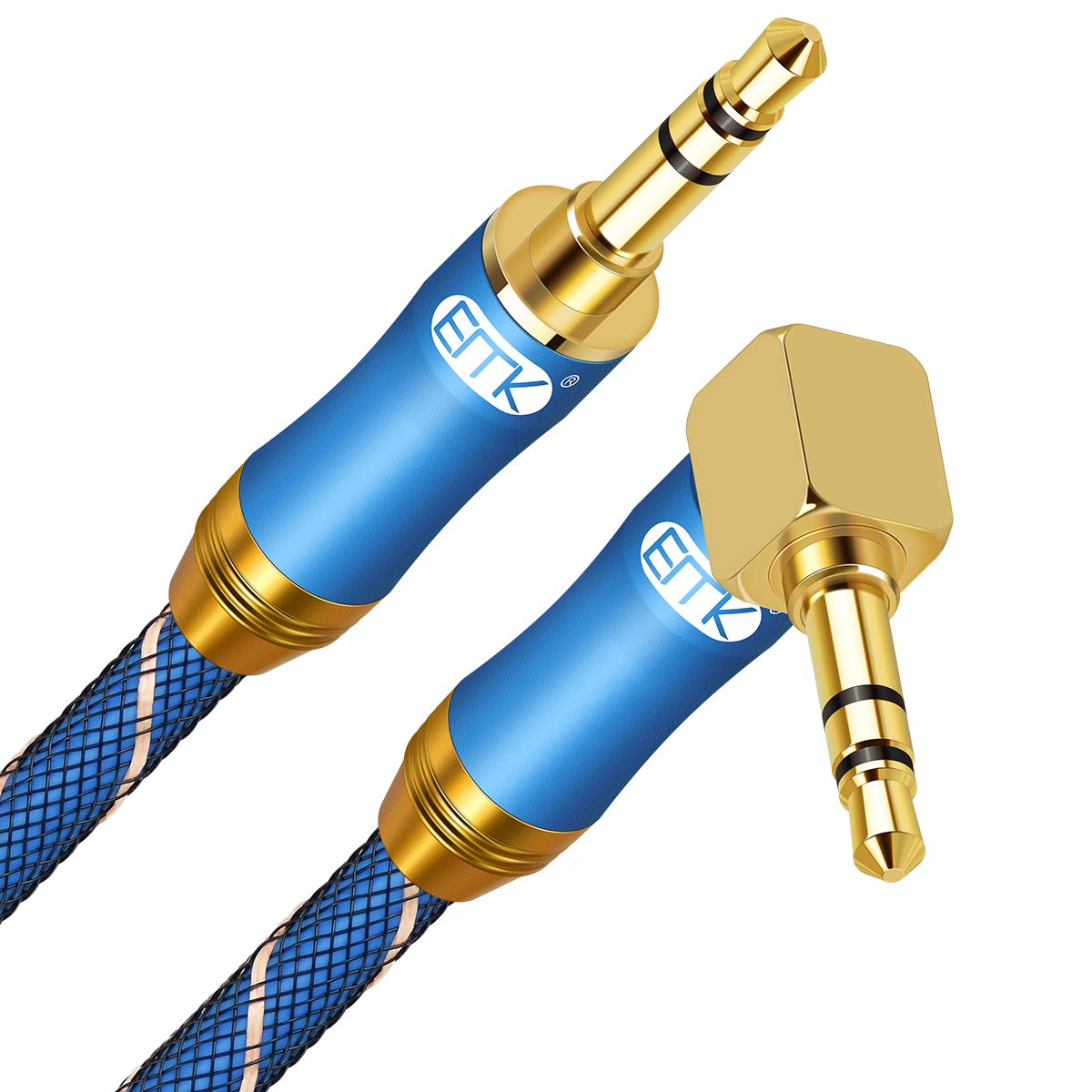 EMK 90 Degree Right Angle Aux Cable - [24K Gold-plated,Sound Quality] Audio Stereo Cable for Laptop, Tablets, MP3 players,Car/Home Aux Stereo, Speaker or More(3.5mm TRS Right Angle Blue, 2Ft/0.6M)