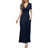 LILBETTER Women's Summer Short Sleeves Dress Wrap Waist Maxi Dresses with Pockets