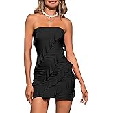 Wenrine Women's Sexy Strapless Mini Dress Summer Bodycon Sleeveless Mesh Ruffle Casual Tube Top Club Party Dresses