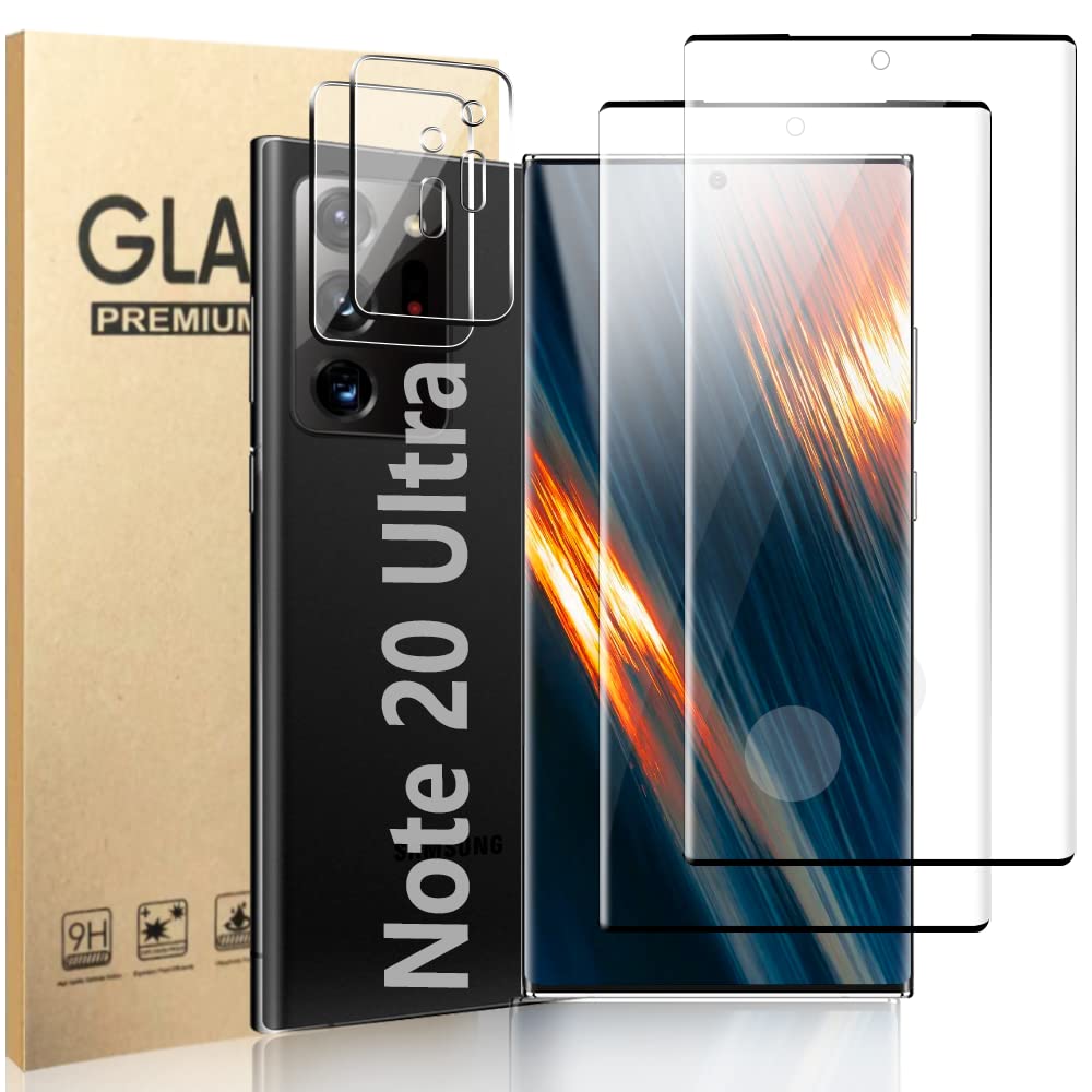 [2+2 Pack] for Note 20 Ultra Screen Protector and Camera Lens Protector, Fingerprint Unlock, Ultra HD Clear 9H Hardness Scratch Resistant,3D Full Coverage Tempered Glass, for Note 20 Ultra (6.9 Inch)