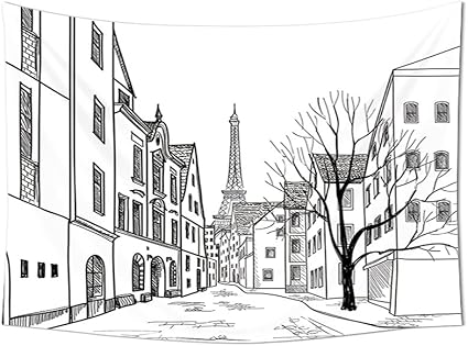 Wanderlust Decor Tapestry Wall Hanging Paris Street With Houses Buildings And Tree On Alleyway Eiffel Tower On Background Bedroom Living Room Dorm Decor Black White Amazon Co Uk Kitchen Home
