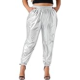 Agnes Orinda Plus Size Jogger Pants for Women Metallic Shiny High Waist Stretchy Wear Holographic Trousers Sweatpant