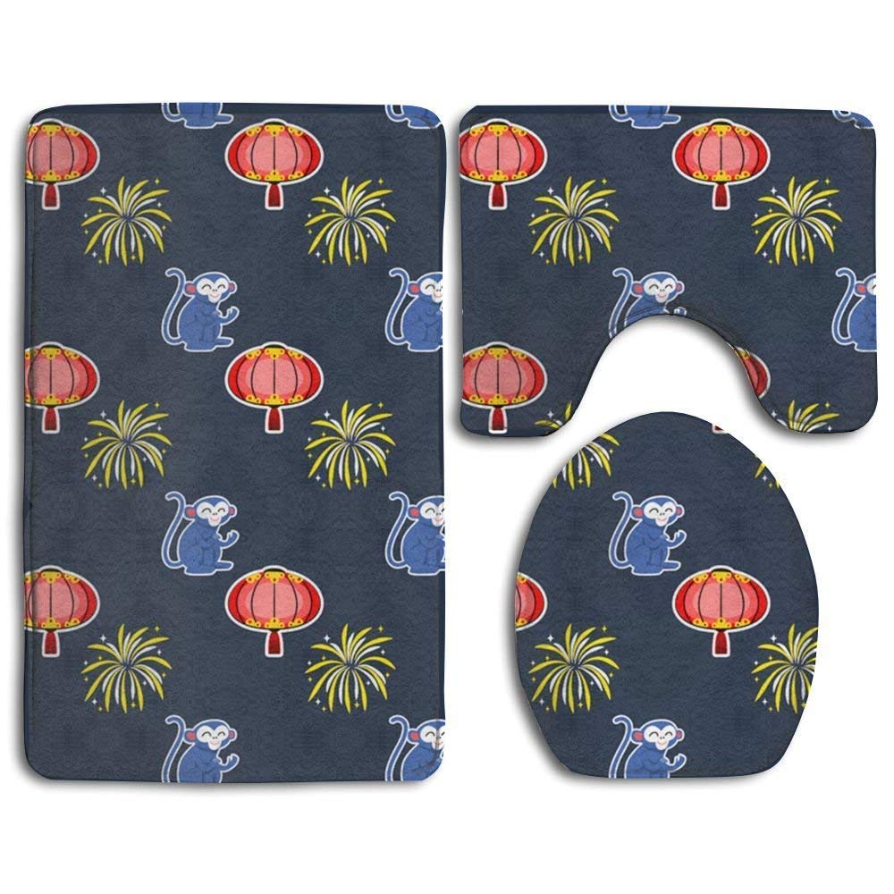 NEWcoco Stickers Monkeys 3 Piece Bath Mat Set Pedestal Lid Toilet Cover Rug Bath Mat
