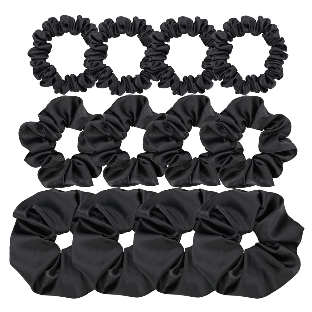 Photo 1 of 12 Pcs Mix 3 Sizes Satin Silk Scrunchies Hair Ties for Women Girls Bracelets Ponytail Holder Hair Bands Elastic Ropes Hair Bun Accessories (3 Sizes Bundle 12 Pcs-Black)