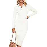 MEROKEETY Womens 2025 V Neck Ribbed Sweater Dress Long Sleeve Bodycon Knit Midi Dresses