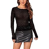 Aisbei Women's Sexy Rhinestone Sheer Mesh Top Glitter Sparkly Long Sleeve Shirts Ruched See Through Going Out Tops Blouse