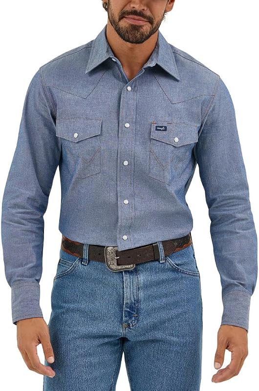 All Terrain Gear by Wrangler - Camisa de Trabajo de Manga Larga para Hombre, Corte Vaquero, Acabado Lavado, Denim Luz, 17.5 Inches Neck 37 Inches Sleeve