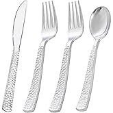 KIRE 400PCS Silver Plastic Silverware - Disposable Silverware, Heavy Duty Plastic Silverware Set Include 200 Silver Forks,100 Silver Knives,100 Silver Spoons for Party,Wedding for Christmas