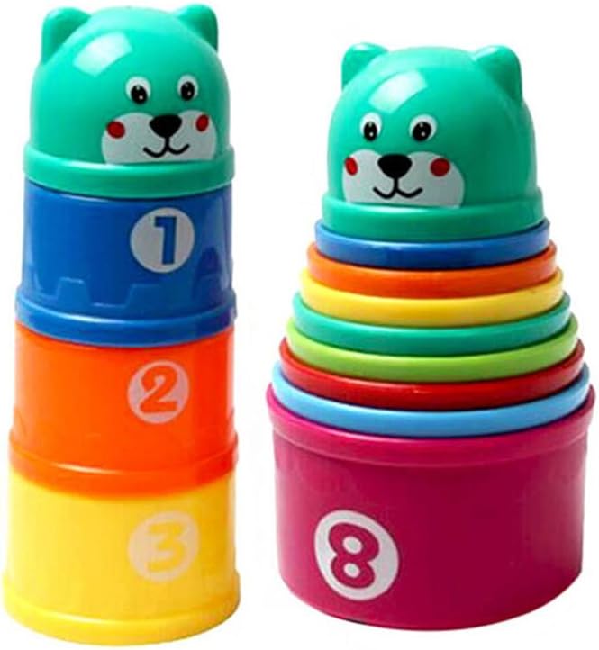Amazemarket 9 Pcs Set Creative Baby Toddler Child Rainbow Stacking Nesting Cups Building Fun Alphabet Letters Numbers Educational Infant Bear Topper Learning Activity Toys (Net Bag Round)