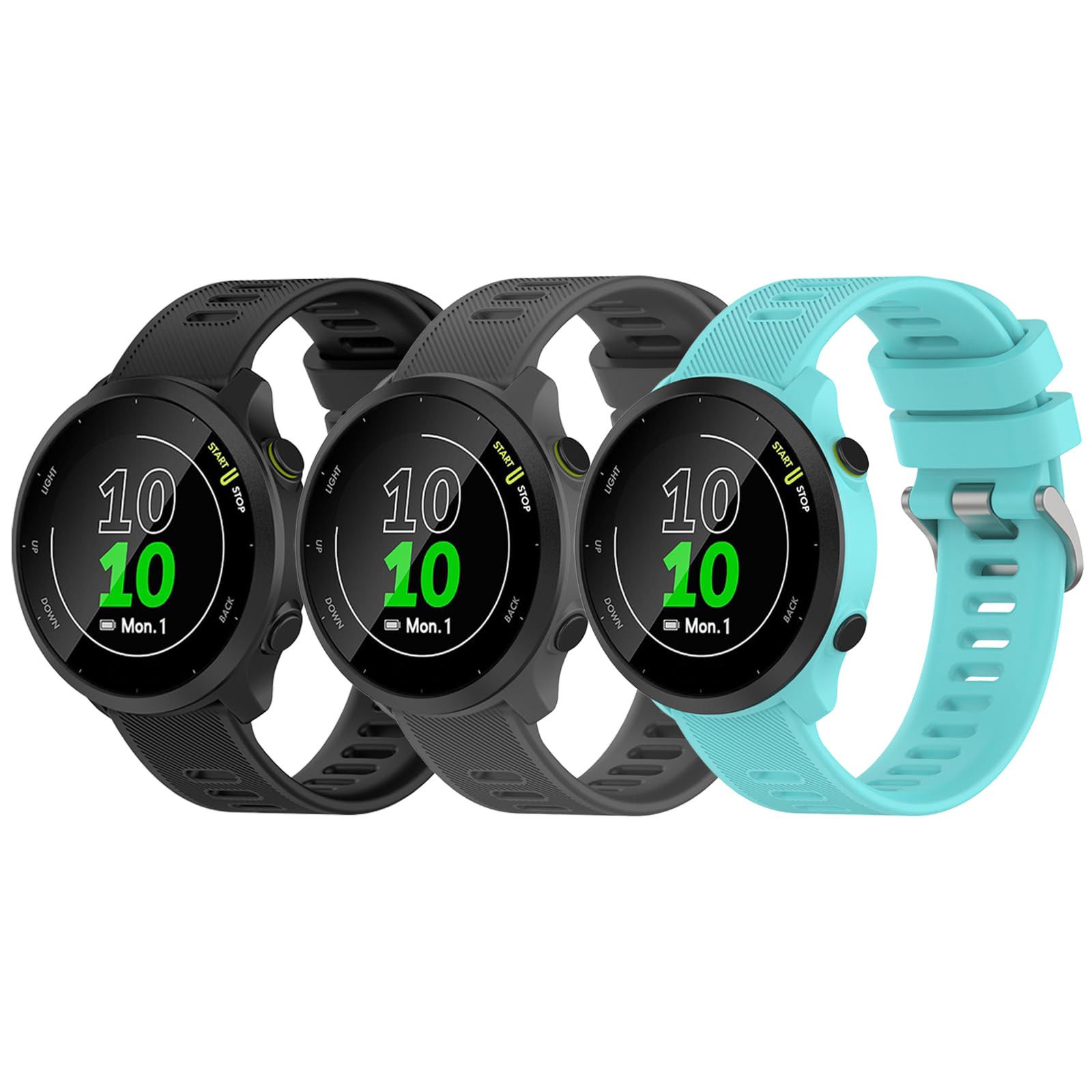Garmcool 3 Pack Strap Compatible with Garmin Forerunner 55/245/645/165/158, Venu, Venu Sq/2 Plus/Sq 2 Women Men, Silicone Classic Replacement Band Black, Grey, Aqua (Strap Only) — image 1