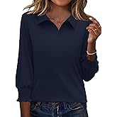 Ivicoer Womens 3/4 Length Sleeves Polo Shirts Collared Tops Business Casual Blouses Basic Tees Trendy Outfits Spring Clothes