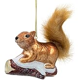 Squirrel on Snowy Branch Blown Glass Christmas Ornament
