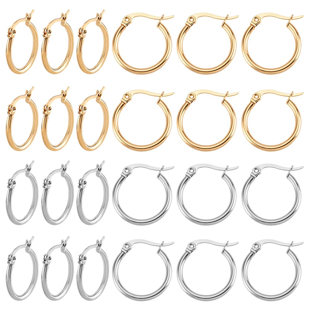 PH PandaHall 12 Pairs Stainless Steel 20mm Round Hoop Earrings, Golden & Silver, DIY Earring Making