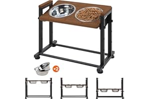 WALNEST Adjustable Height Pet Feeder Stand with 2 Dishwasher-Safe Stainless Steel Bowls – Brown Wood Top & Black Metal Frame Elevated Food/Water Station for Dogs/Cats Under 66LBS