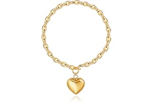 PEALICIOUS Chunky Heart Necklace, Heart Necklace Gold 14k Chunky Necklaces for Women with Toggle Clasp, Statement Puffy Heart Pendant Collar Charm Jewelry with Thick Chain as Birthday Christmas Gifts